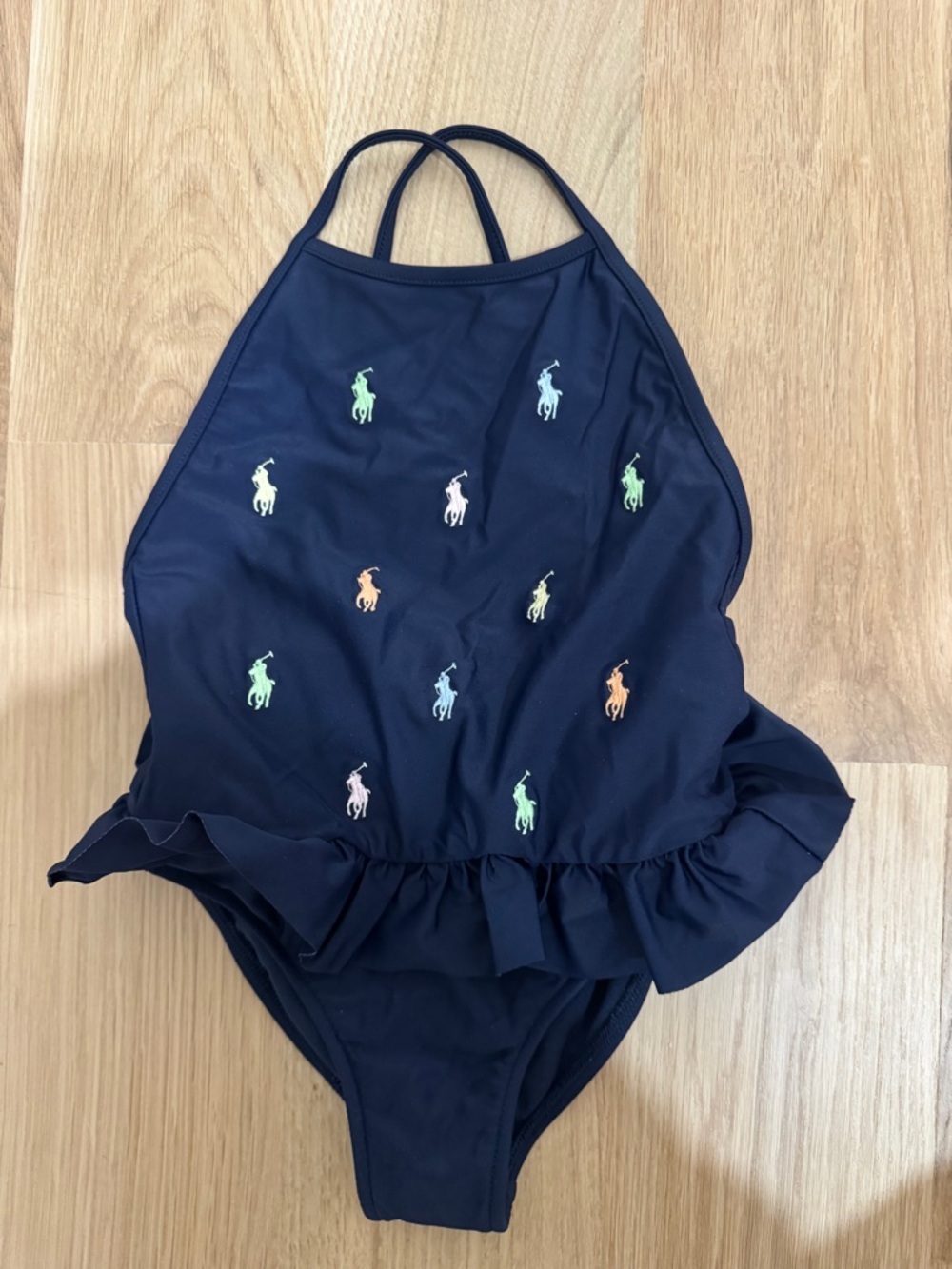Ralph Lauren Navy Halter One-Piece with Multicolor Pony Motifs